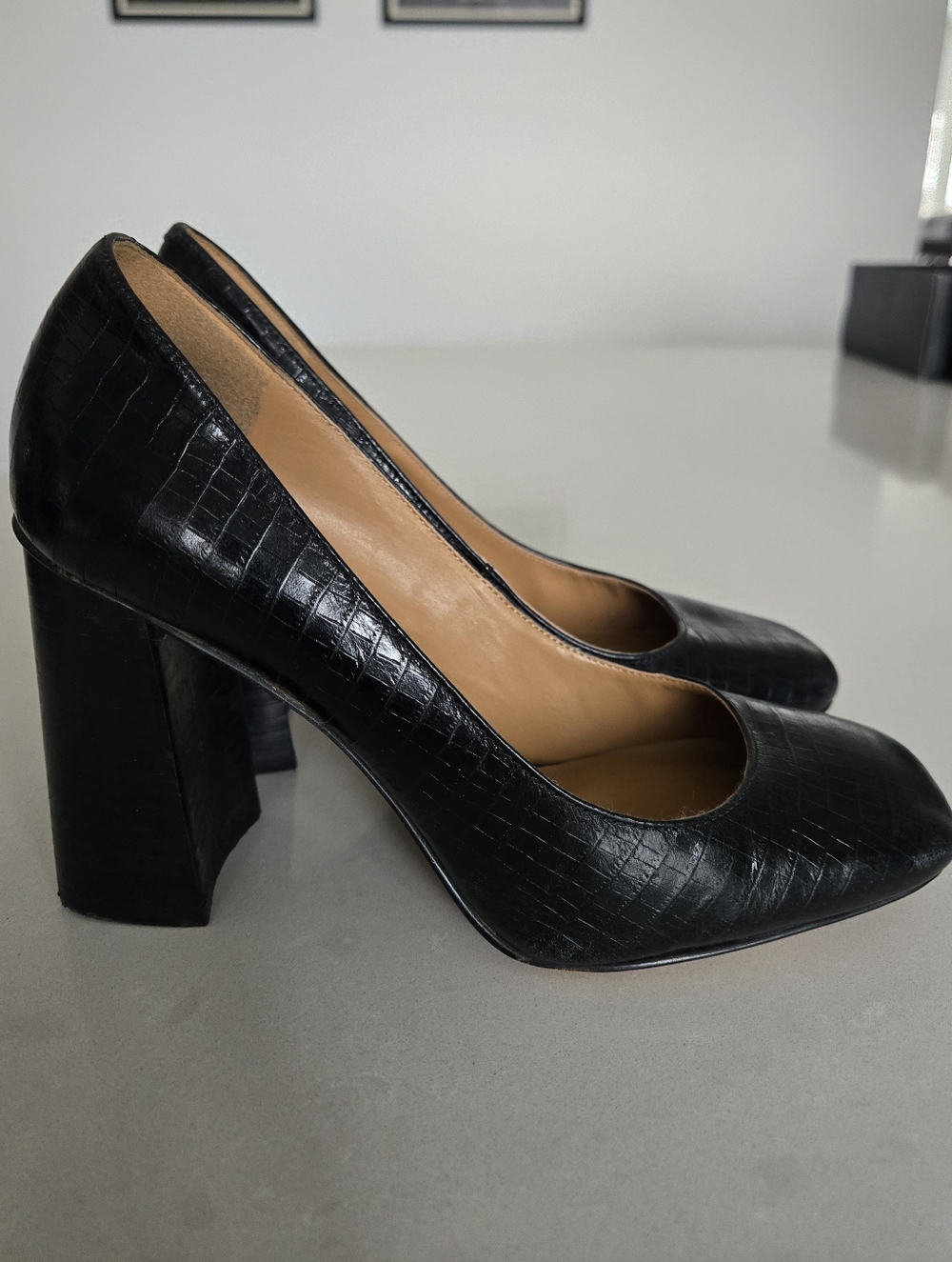 Nine West 'Begonia' Classic Black Croc-Embossed Block Heel Leather Pump Womens 6
